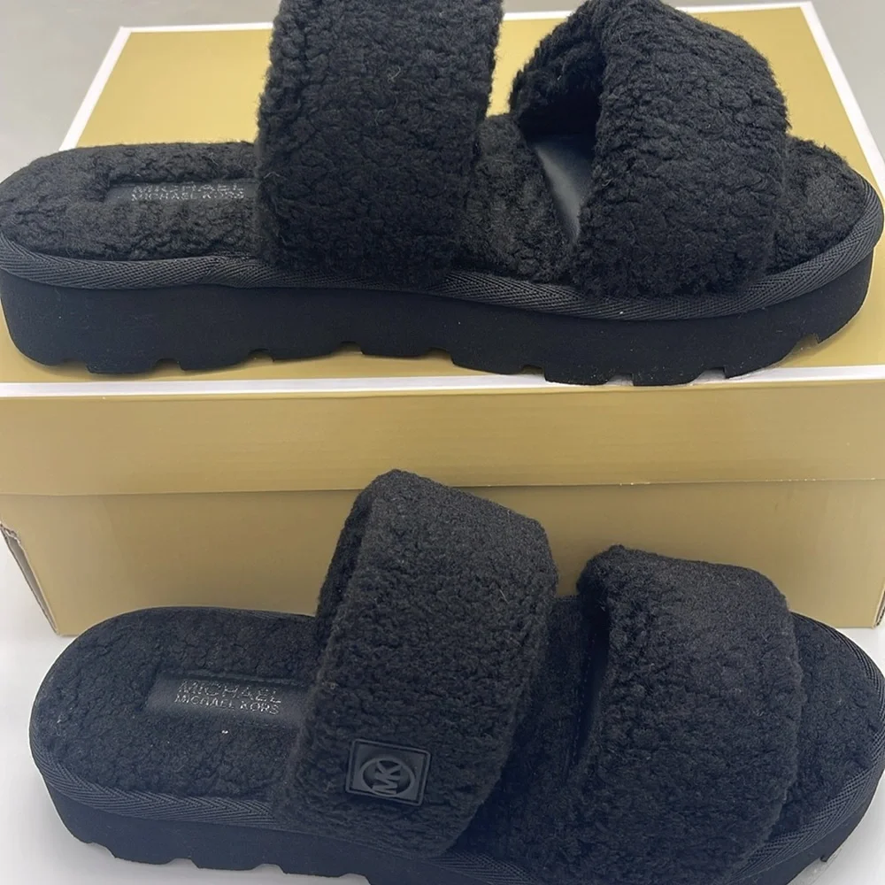 Michael Kors Black Faux Shearling Slides - Picture 2 of 16